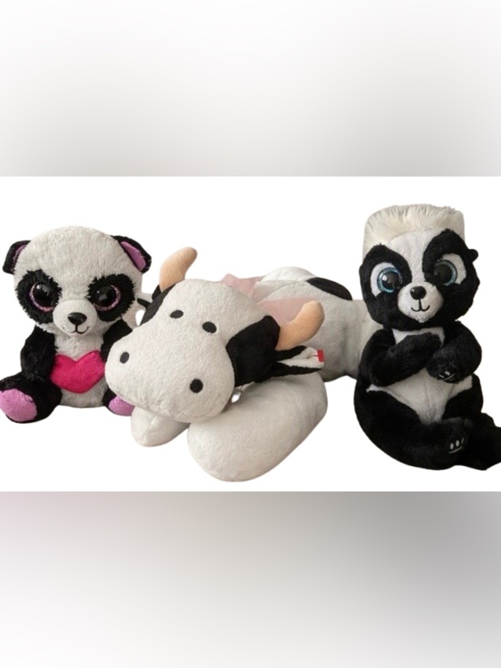 Ty Plush Bundle – Panda “Cutie Pie”, Skunk “Rukus” & Cow Beanie Baby